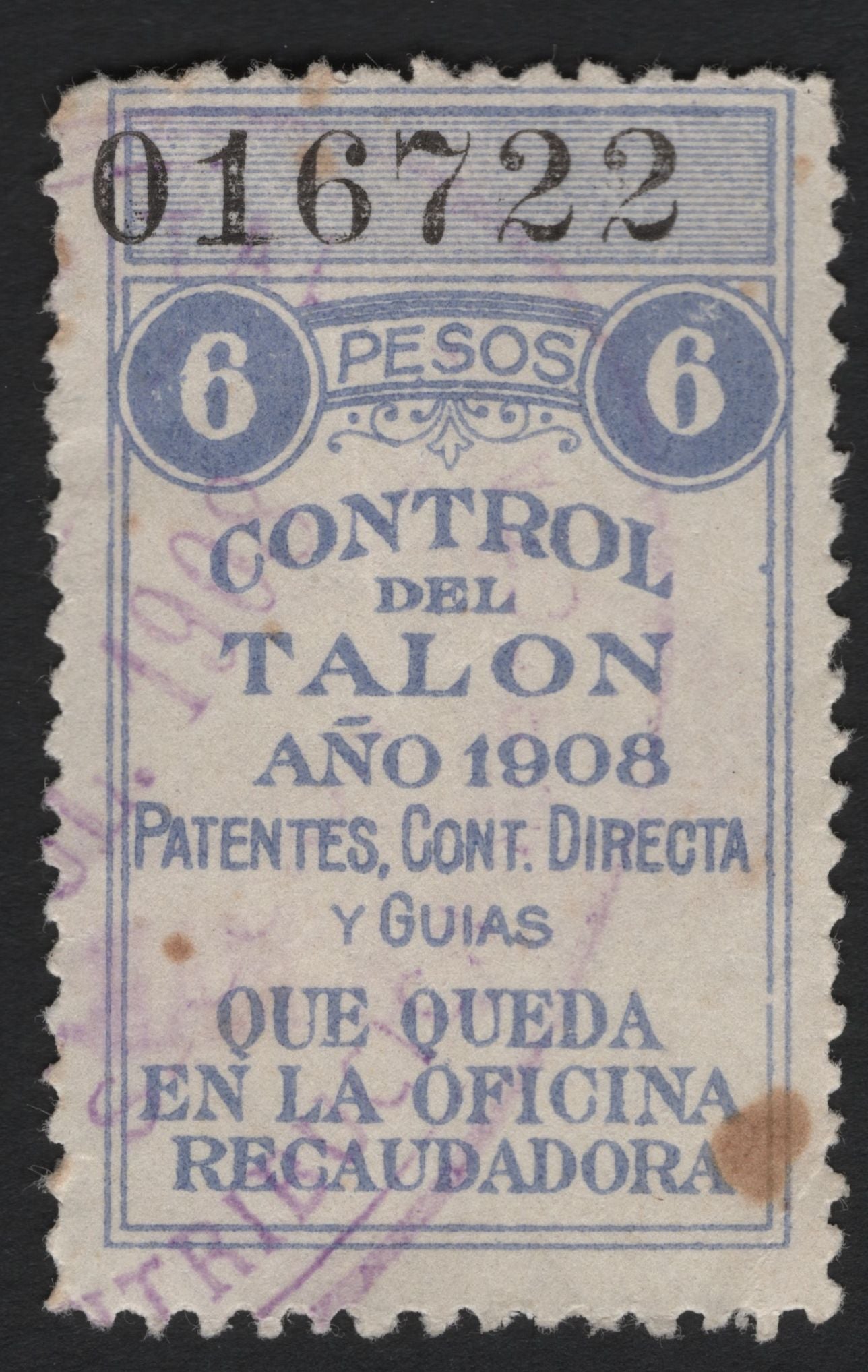 SCG4860 - Mexico 1908 Revenue Stamp – 6 Pesos Control del Talón