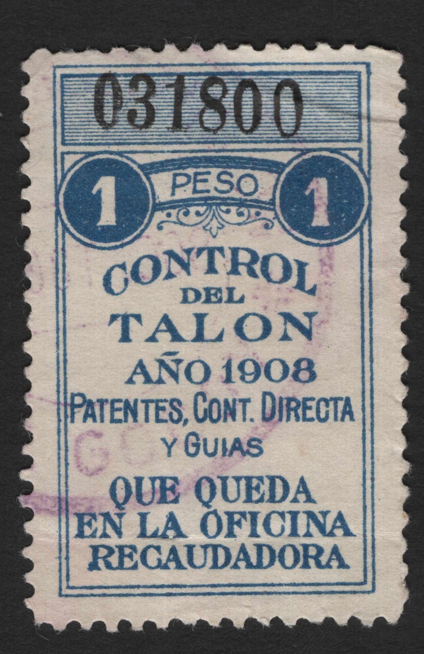 SCG4861 - Mexico 1908 Revenue Stamp – 1 Peso Control del Talon