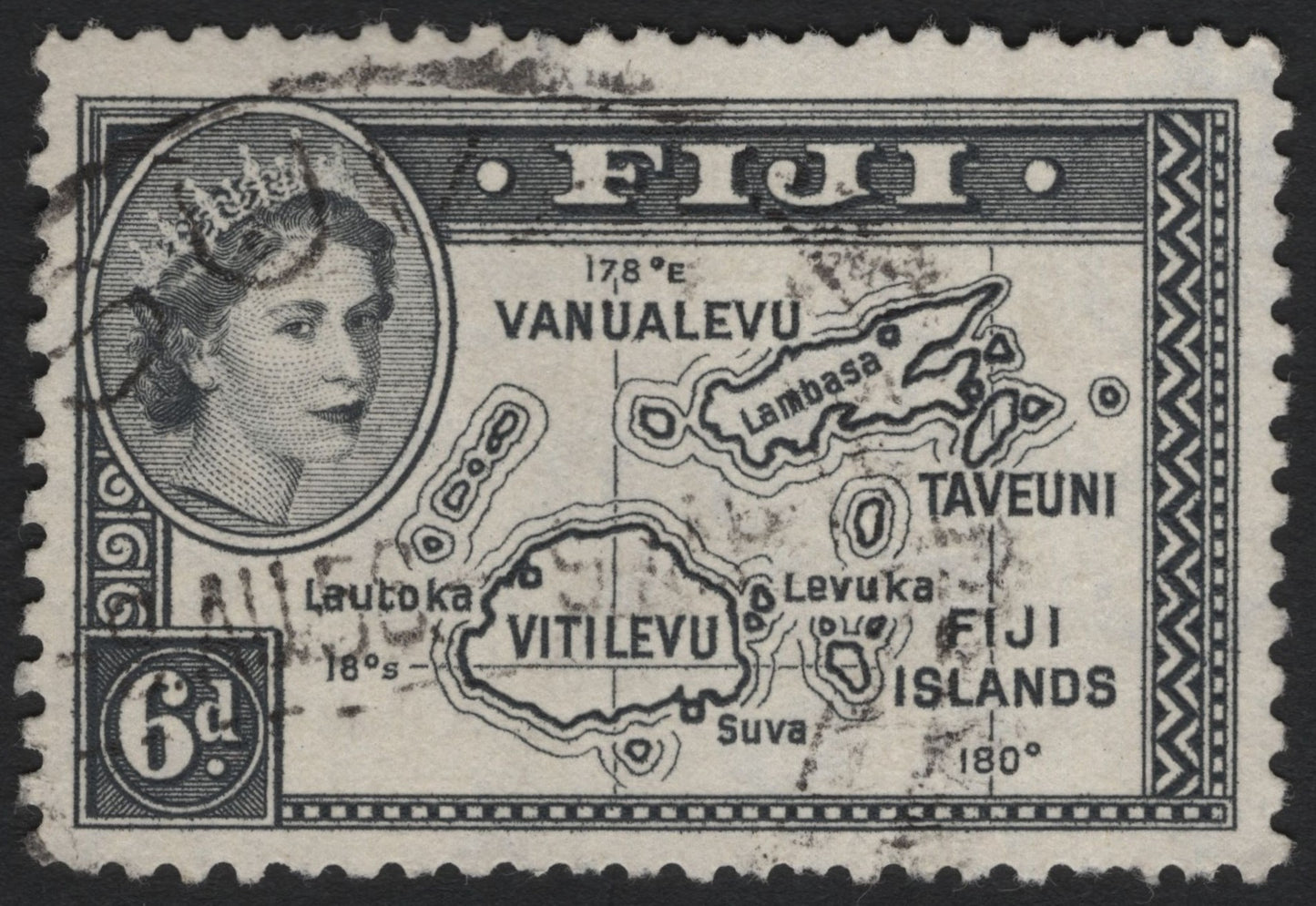 SCG4875 - Fiji 1954 6d Queen Elizabeth II and Map of Islands