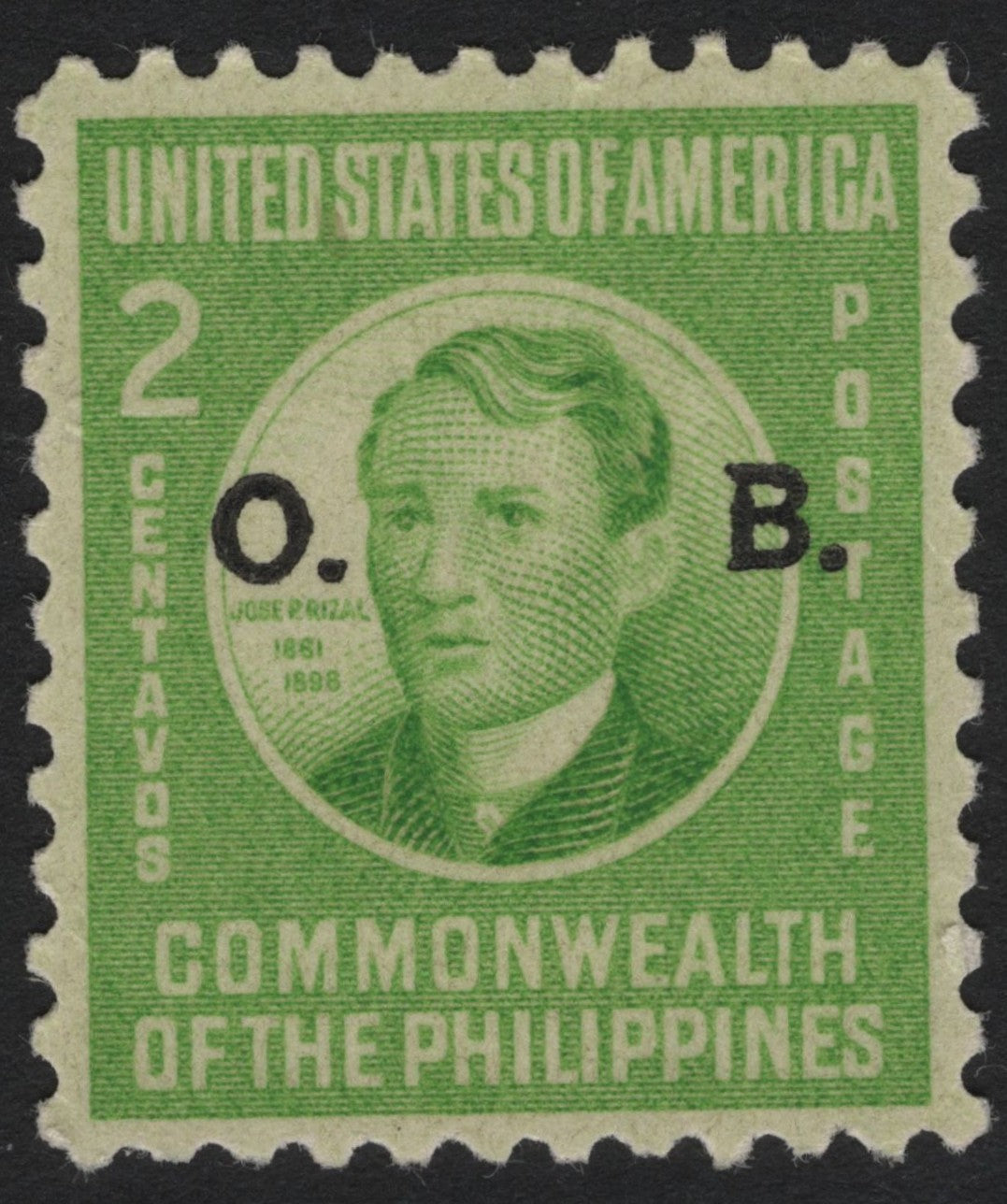 SCG5030 - Philippines – 1935 2 Centavos Green "José Rizal" Official Stamp (O.B. Overprint)
