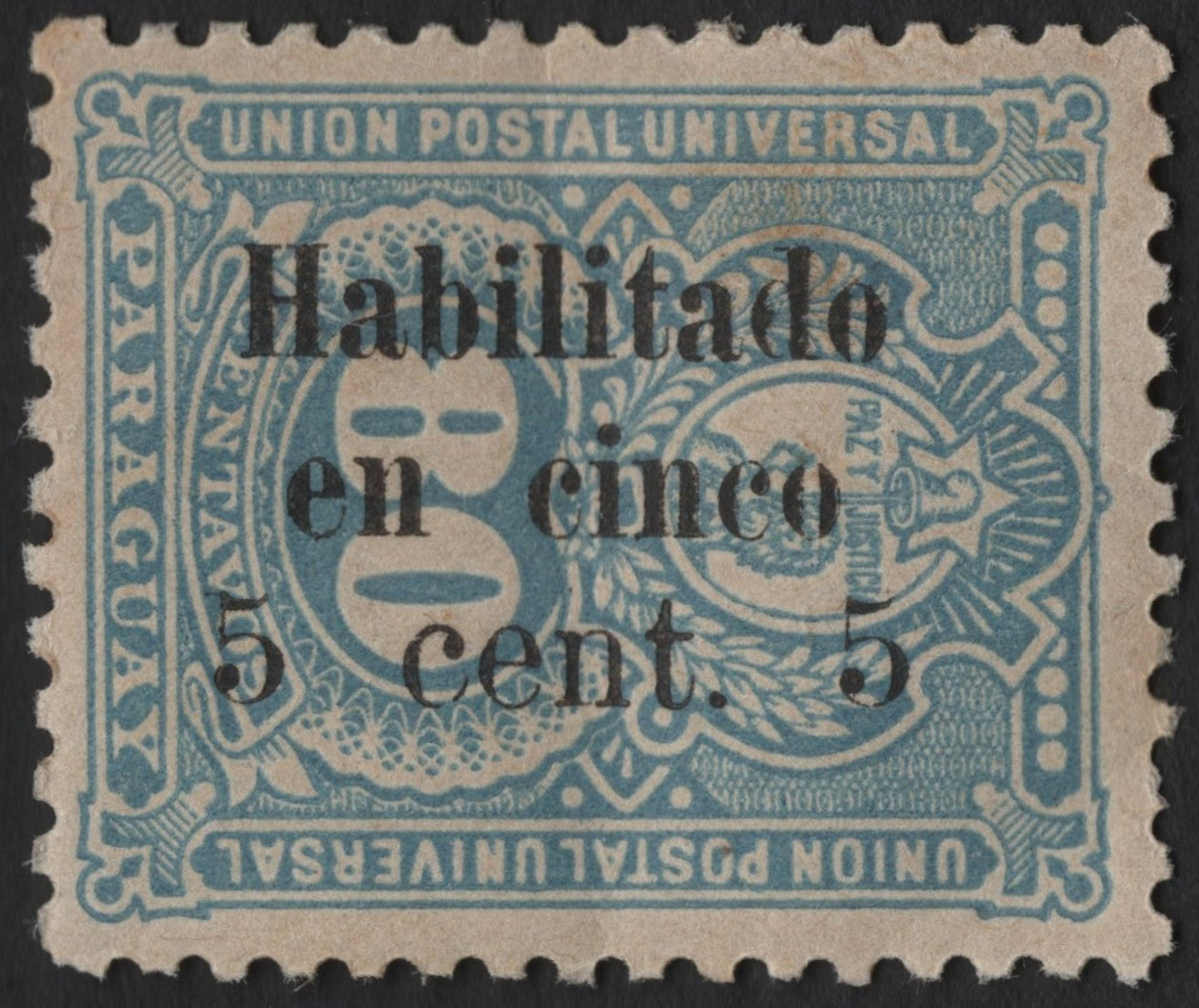 SCG5001 - Paraguay 1892-93 8c Blue Overprinted "Habilitado en cinco cent. 5"