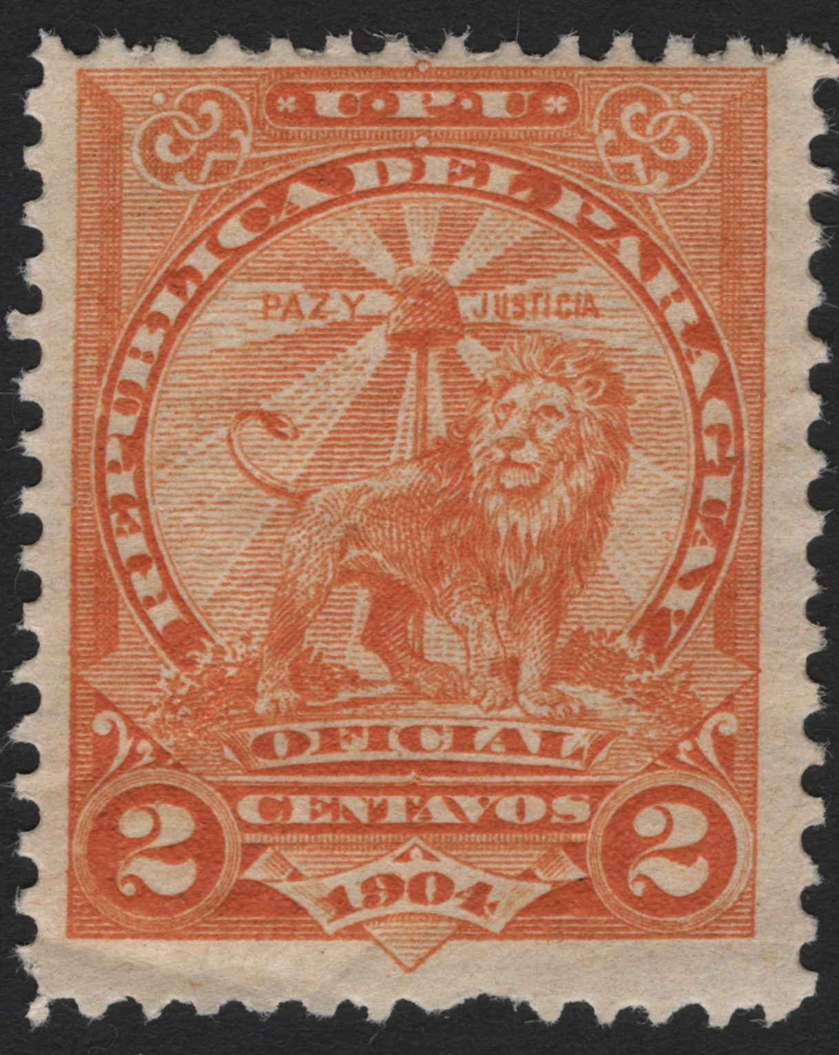 SCG5011 - Paraguay 1904 Official Stamp – 2 Centavos Orange, Lion and Liberty Cap