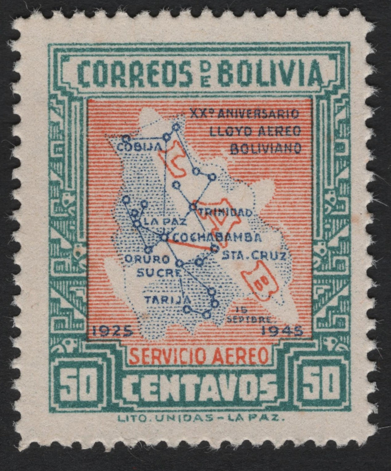 SCG5025 - Bolivia 1945 – 20th Anniversary of Lloyd Aéreo Boliviano Airmail (50 Centavos)