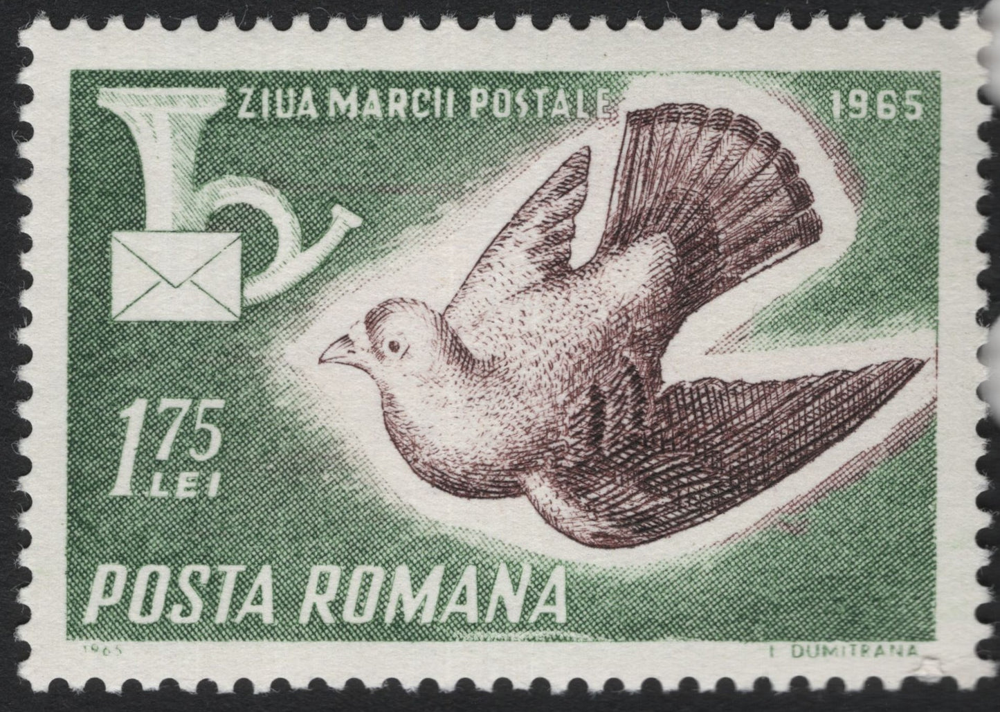 SCG5109 - Romania 1965 – Postal Day, Carrier Pigeon & Post Horn, 1.75 Lei