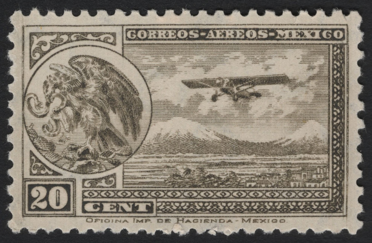 SCG5424 - Mexico 1930s Airmail 20 Centavos – Eagle & Airplane with Volcanoes