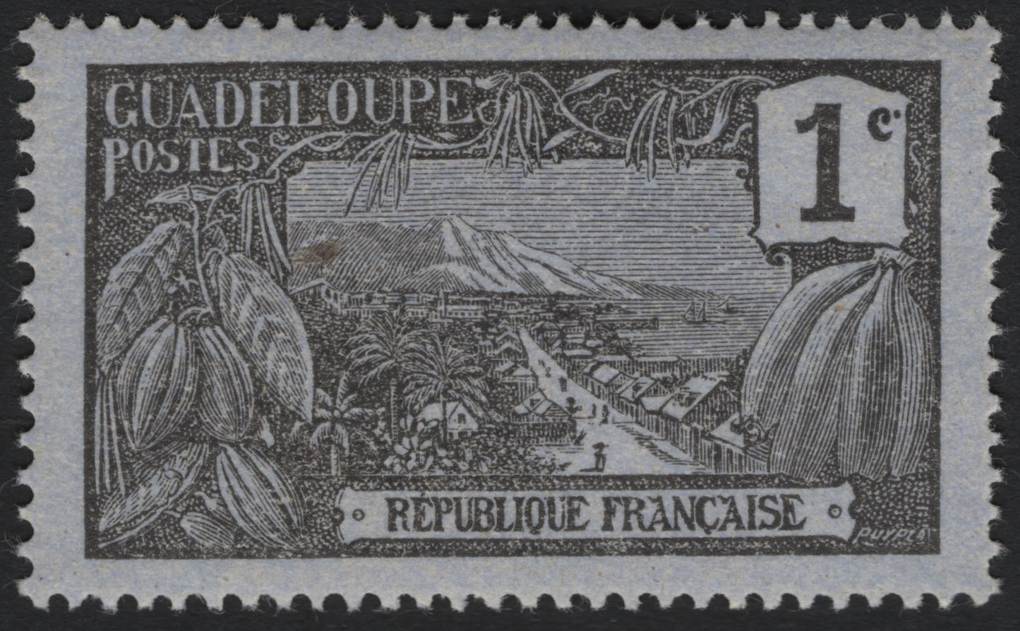 SCG5428 - Guadeloupe 1 Centime Black – Cocoa and Mountain View (French Colonial Issue)