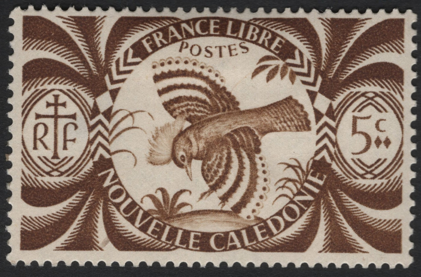 SCG5971 - Nouvelle-Calédonie “France Libre” 5c Bird of Paradise Stamp (1942)