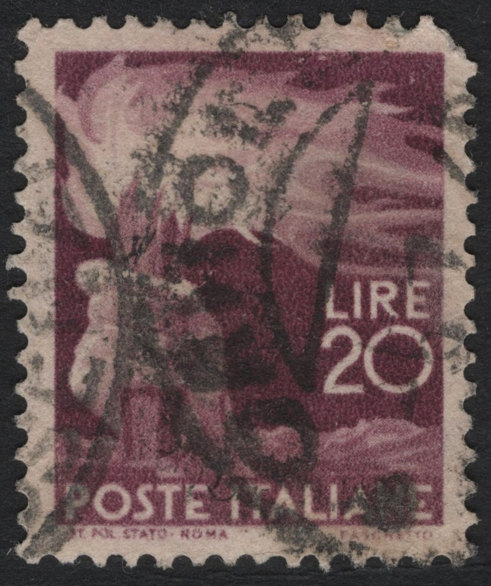 SCG6197 - Italy 20 Lire Violet “Angel and Torch” – 1950s Definitive Issue