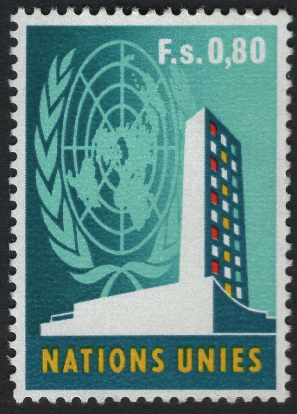 SCG6657 - United Nations 0.80 F.s. Headquarters Building Stamp (Geneva, 1979)