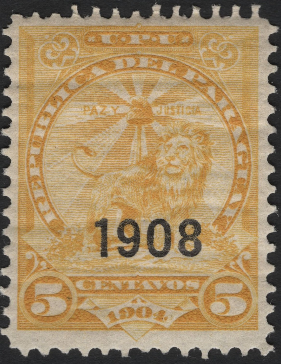 SCG7298 - Paraguay 1908 Overprinted “Lion and Liberty Cap” Stamp (5 Centavos, 1904 issue)