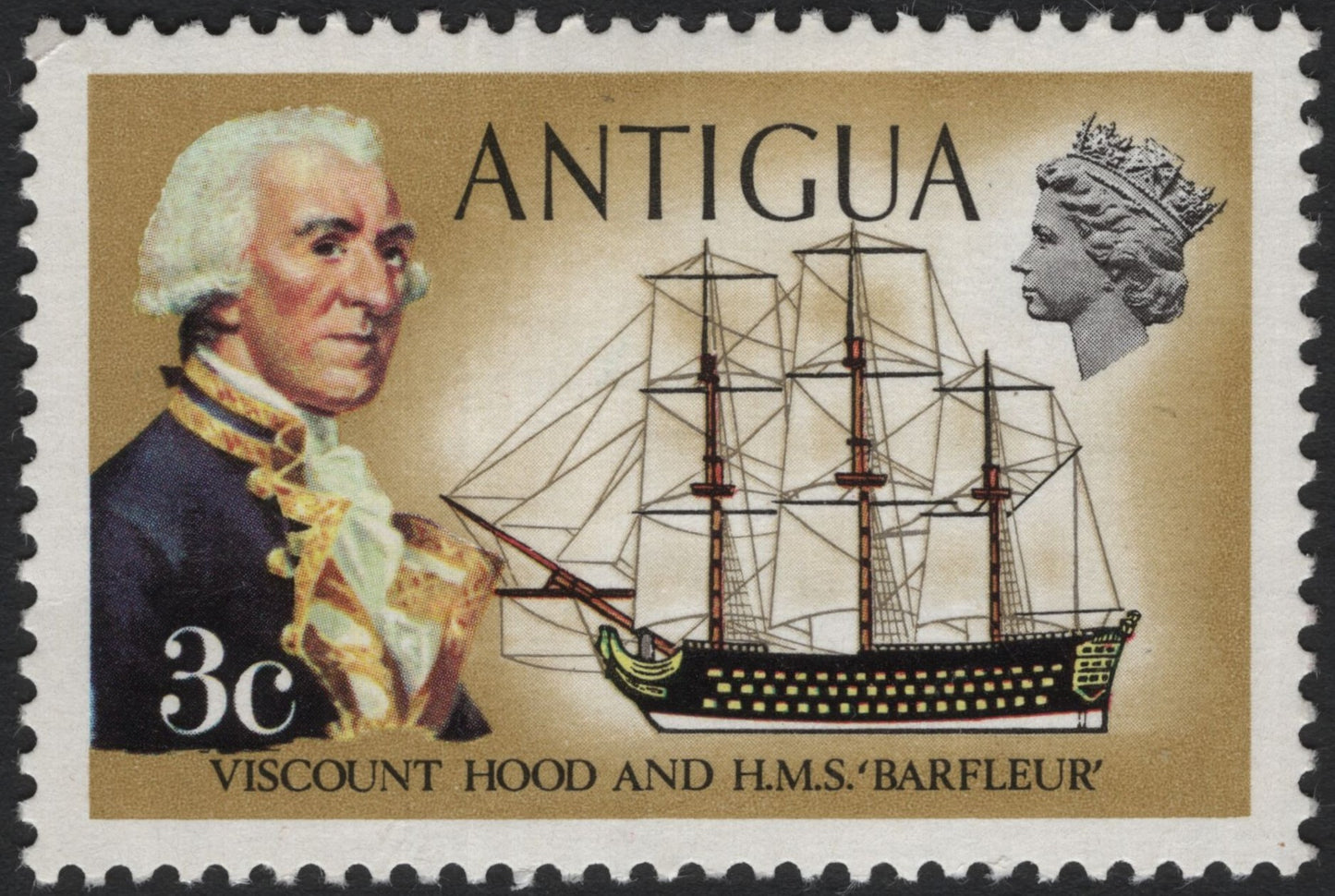 SCG7768 - Antigua 3¢ – Viscount Hood and H.M.S. Barfleur (1970s)