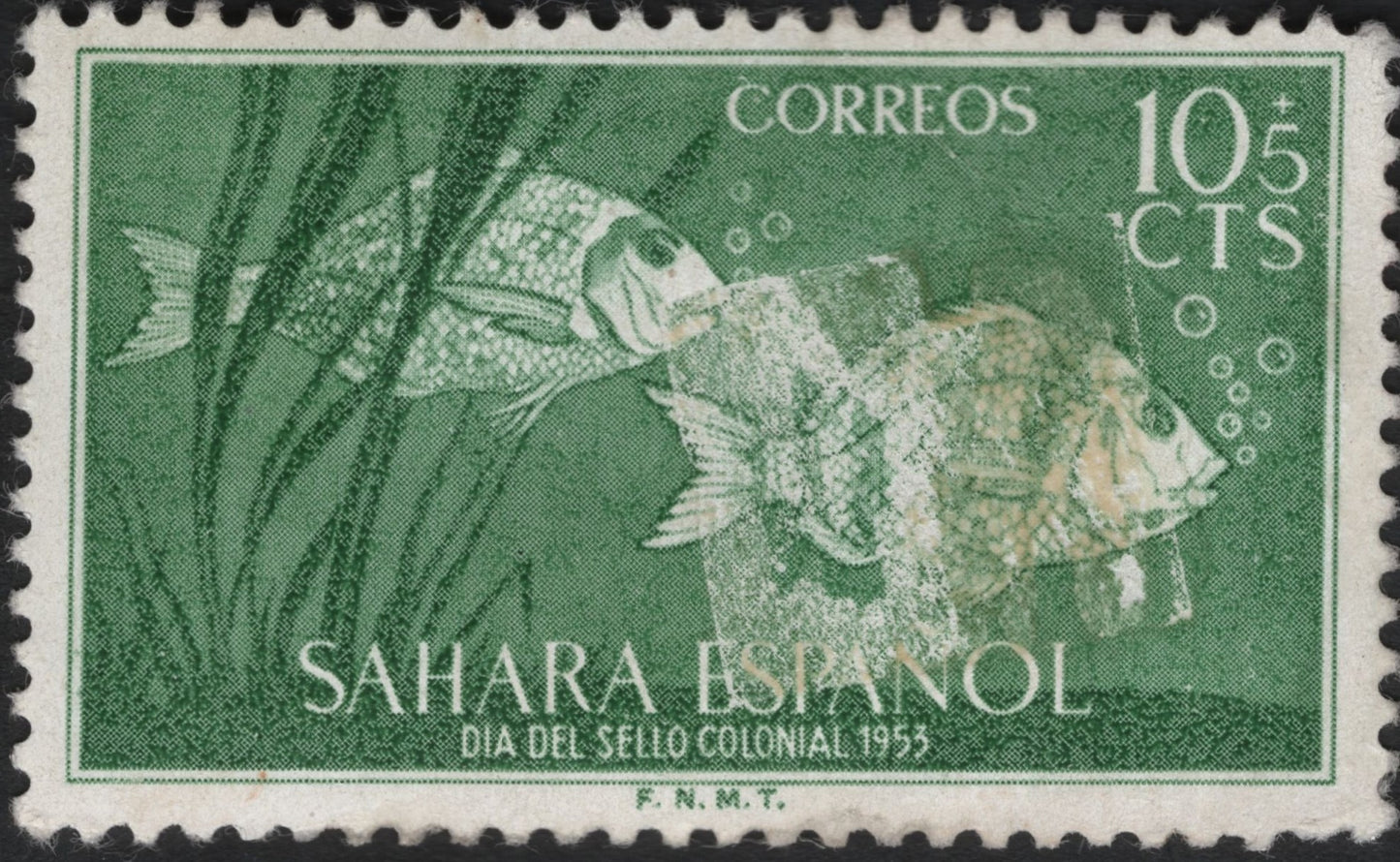 SCG8777 - 1953 Spanish Sahara “Colonial Stamp Day” – 10.5 cts Fish Design (Printing Error Variety)