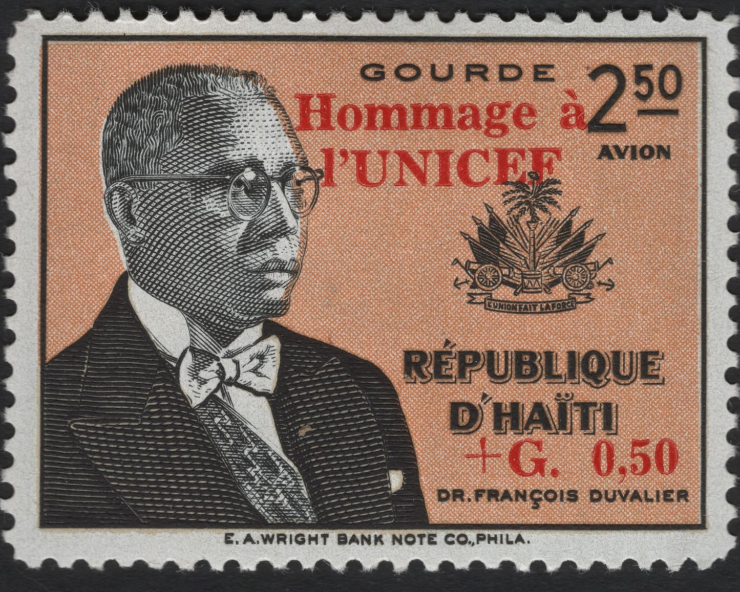 SCG9472 - Haiti 2.50 Gourdes + 0.50G “Hommage à l’UNICEF” Airmail Semi-Postal – Dr. François Duvalier