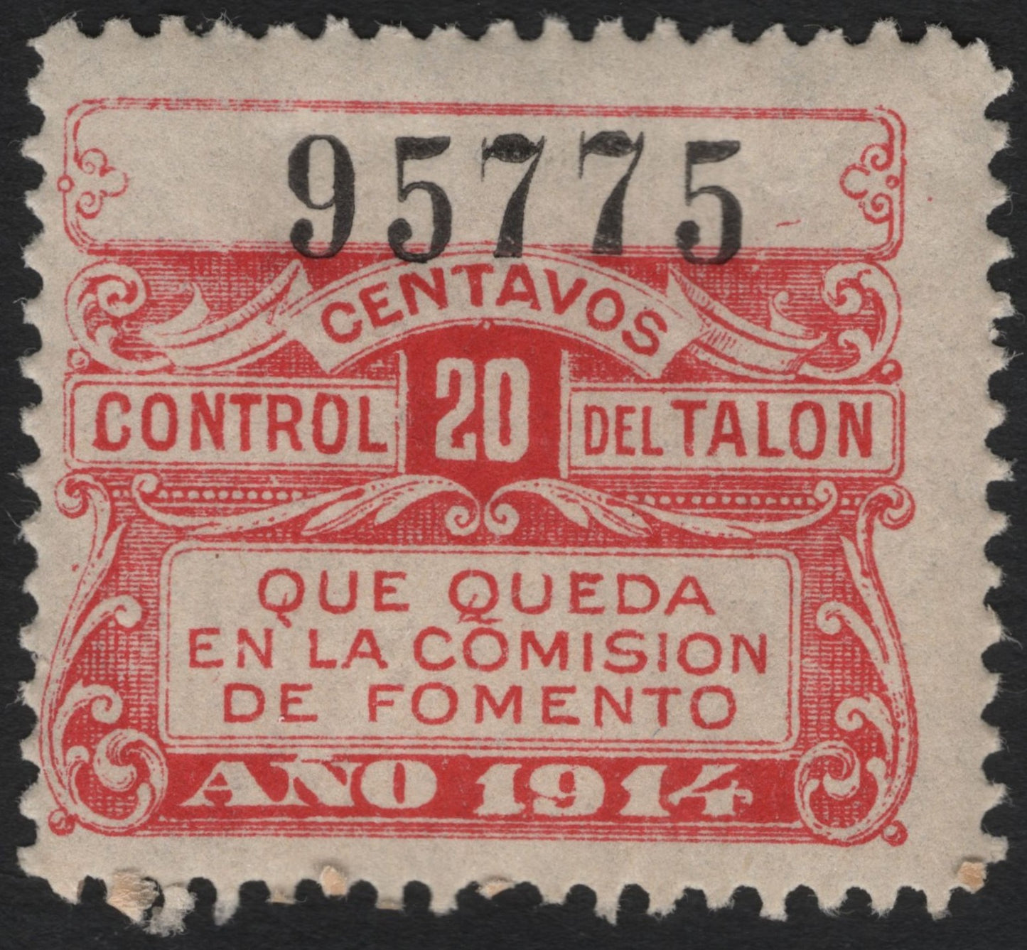 SCG9274 - Mexico – 1914 20 Centavos “Control del Talón” Revenue Stamp