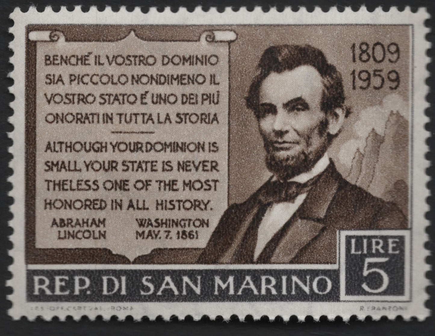 SCG9426 - 1959 San Marino “Abraham Lincoln Centenary” – 5 Lire