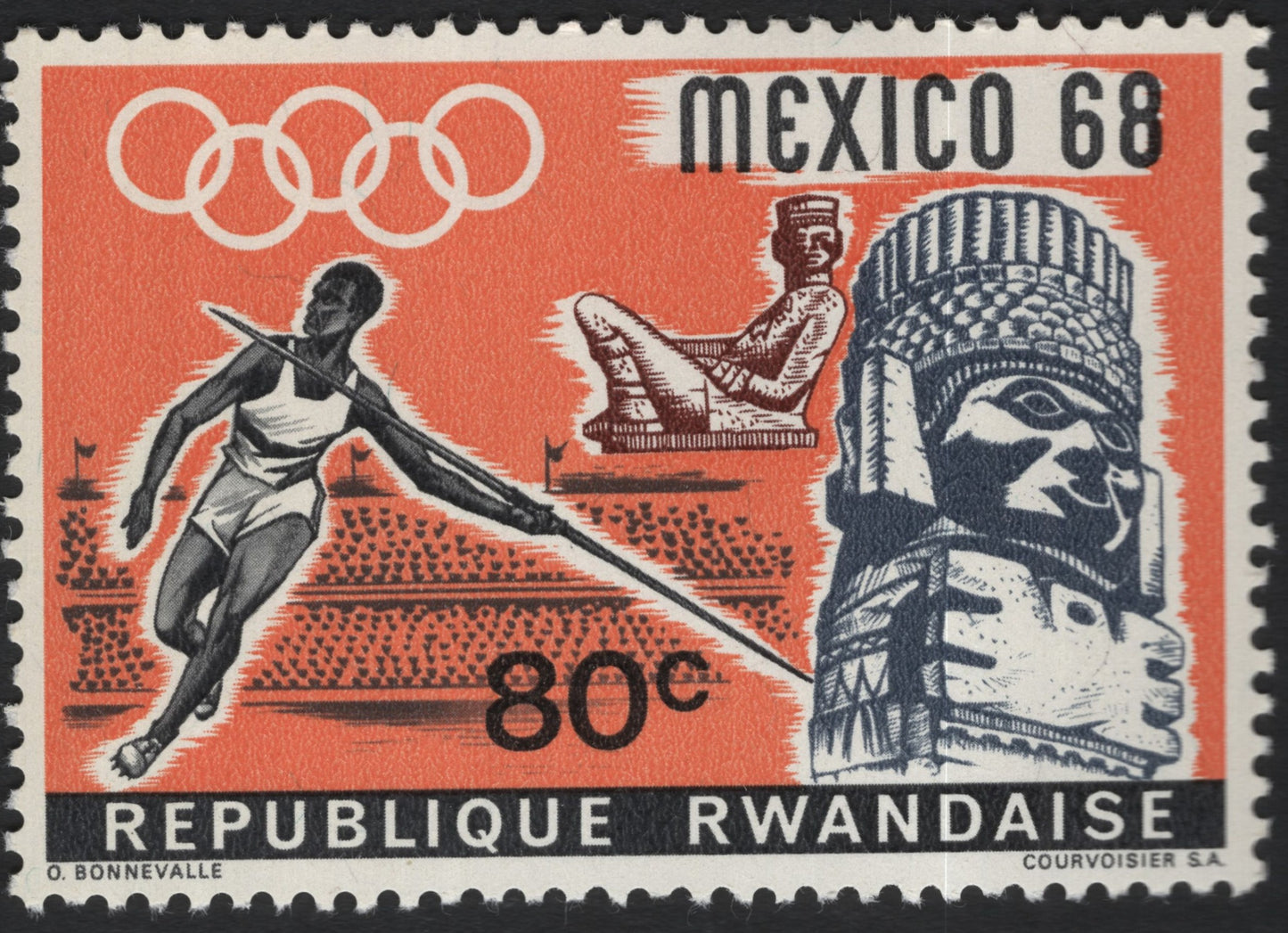 SCG10153 - π·πΌ Rwanda 1968 β Mexico Olympic Games Javelin Throw (80c)