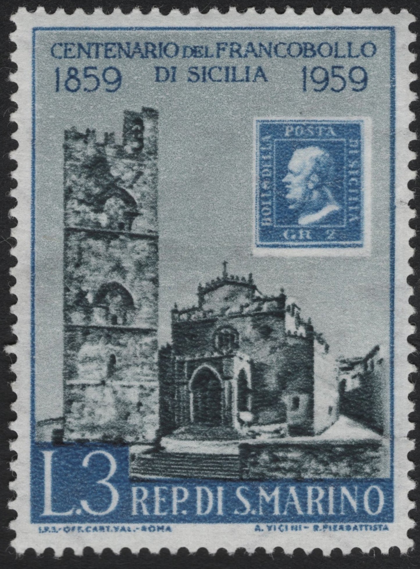 SCG10162 - San Marino 1959 – Centenary of the Sicily Postage Stamp (L.3 Commemorative)