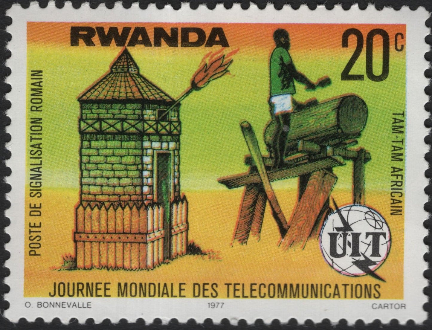 SCG10195 - Rwanda 1977 – World Telecommunications Day 20c – Roman Signal Post & African Tam-Tam