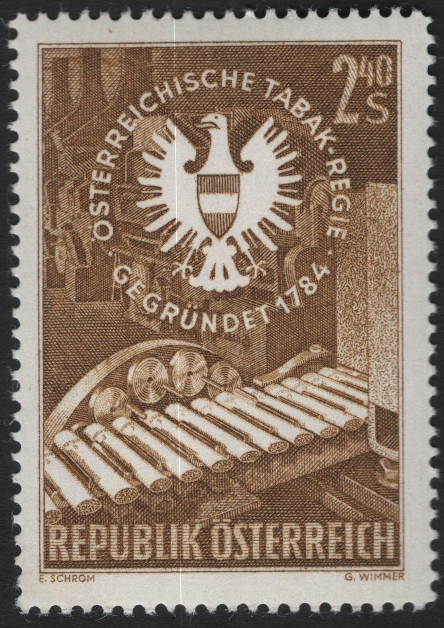 SCG10225 - 🇦🇹 Austria 1953 – “Austrian Tobacco Monopoly, Founded 1784” (2s Brown)