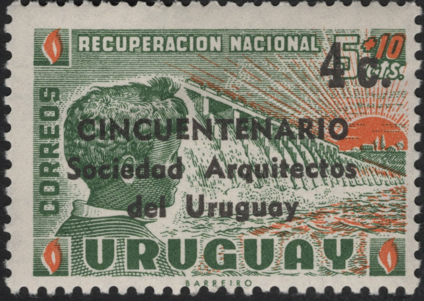 SCG10364 - Uruguay 4c +10c “Cincuentenario – Sociedad de Arquitectos del Uruguay” Overprint (c.1950s) – Recuperación Nacional Issue
