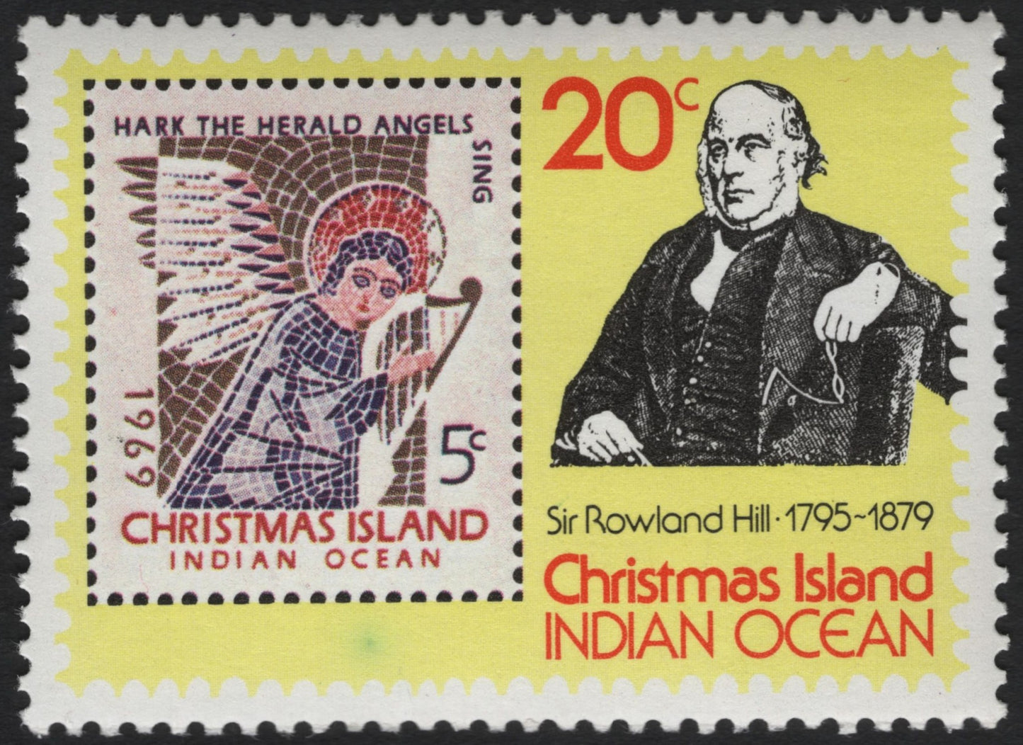 SCG10380 - Christmas Island – 1969 Sir Rowland Hill & “Hark the Herald Angels” Mosaic – 20c/5c Joint Design