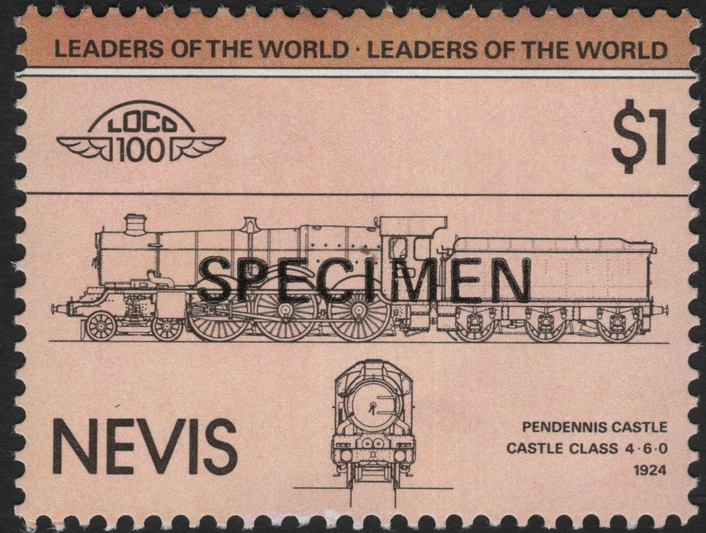 SCG10715 - Nevis 1985 “Leaders of the World – Locomotives” $1 Specimen Set (4 Stamps)