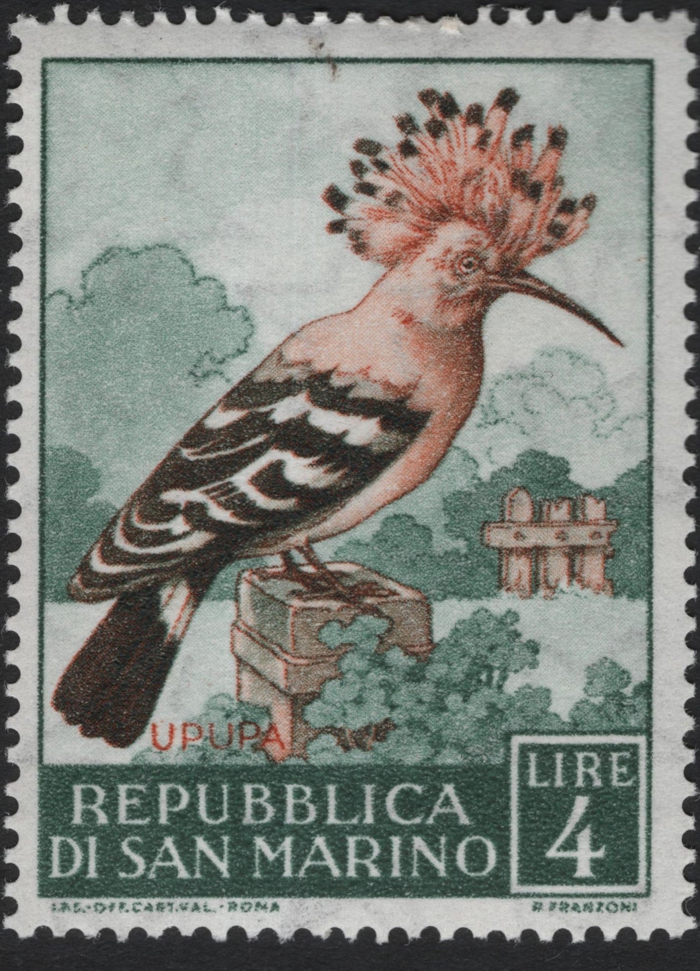 SCG10446 - San Marino 4 Lire “Upupa (Hoopoe)” Bird Issue – Classic Engraved Design