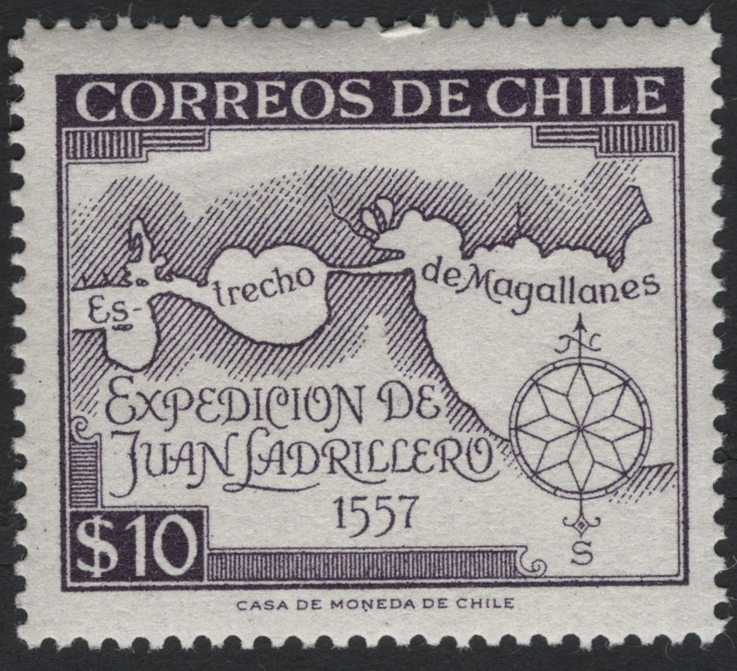 SCG10499 - 🇨🇱 Chile – 1957 “Expedición de Juan Ladrillero, 1557” – $10 Map of the Strait of Magellan