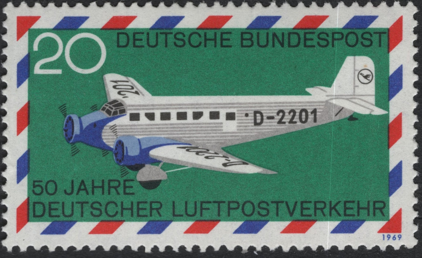 SCG10514 - 🇩🇪 Germany 1969 – “50 Years of German Airmail Service” – 20 Pfennigs – Junkers F 13 Airmail Plane