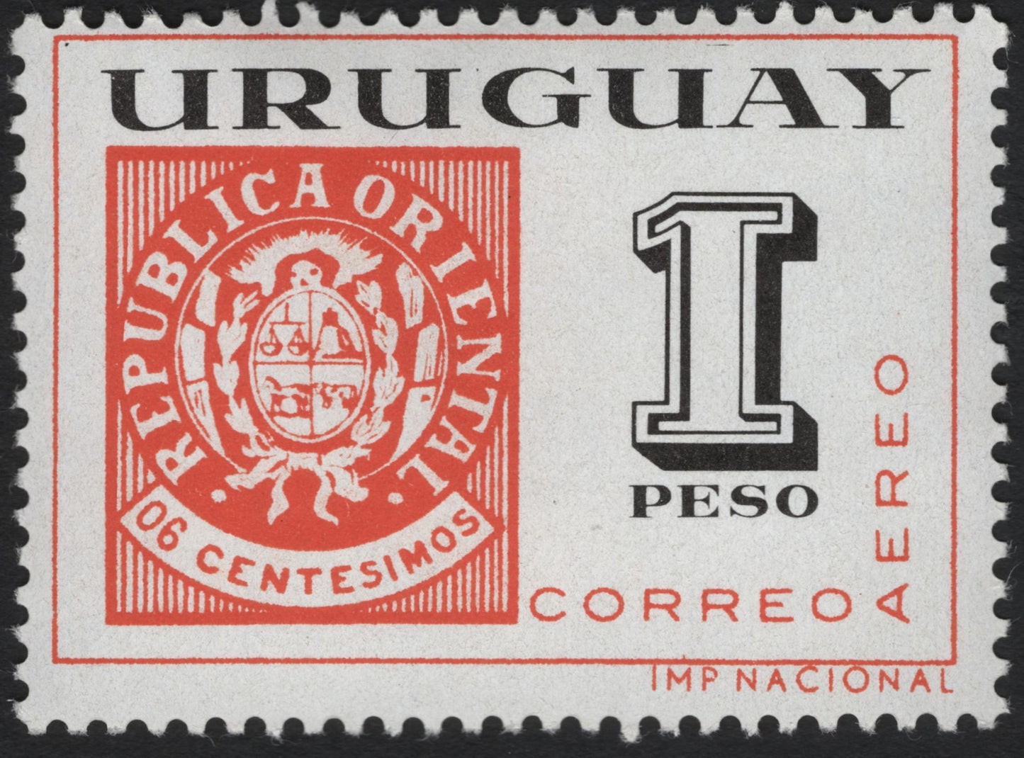 SCG10689 - 🇺🇾 Uruguay – 1 Peso Airmail Stamp (Coat of Arms Design)