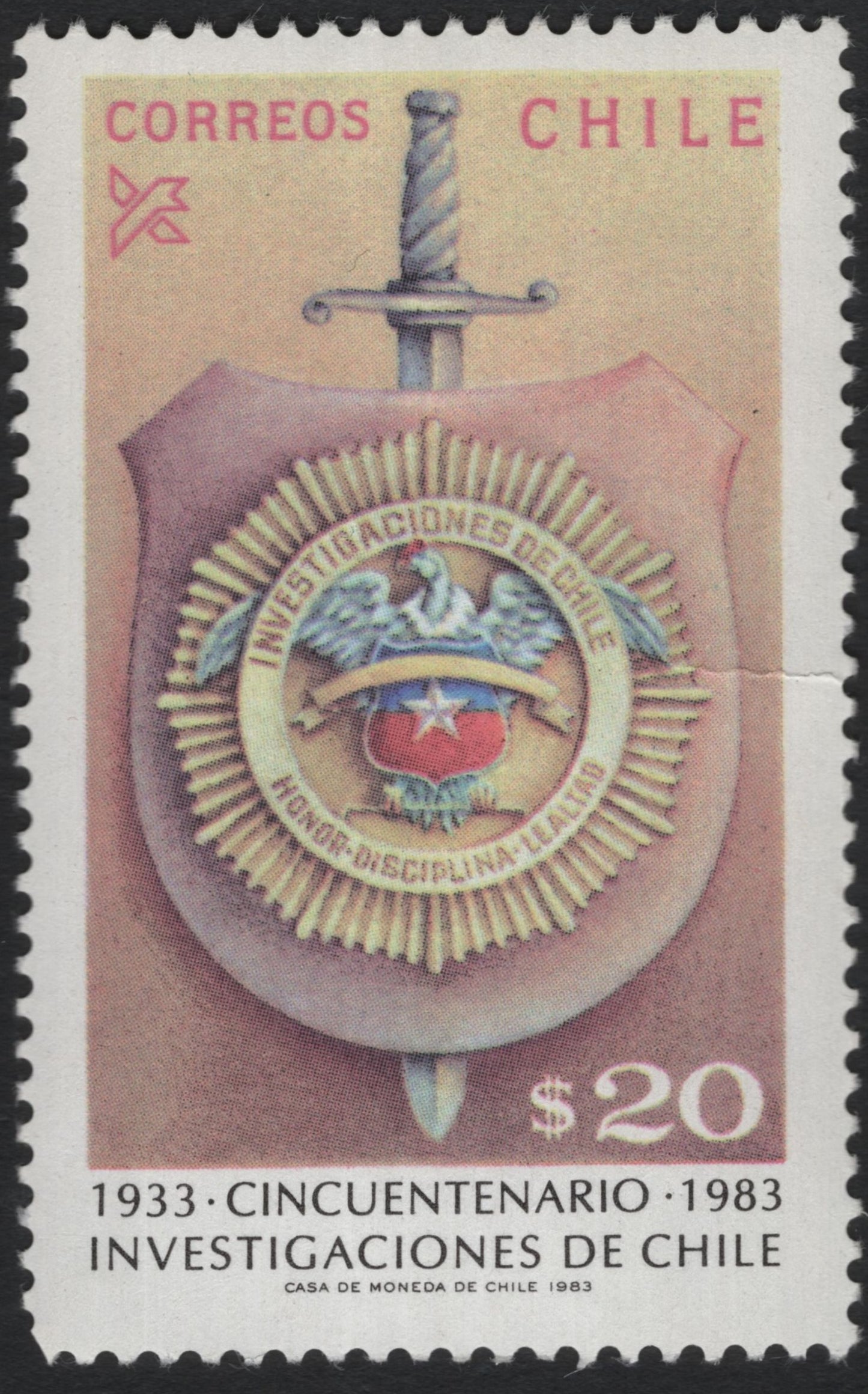 SCG10648 - Chile 1983 – 50th Anniversary of Investigaciones de Chile – $20 Commemorative