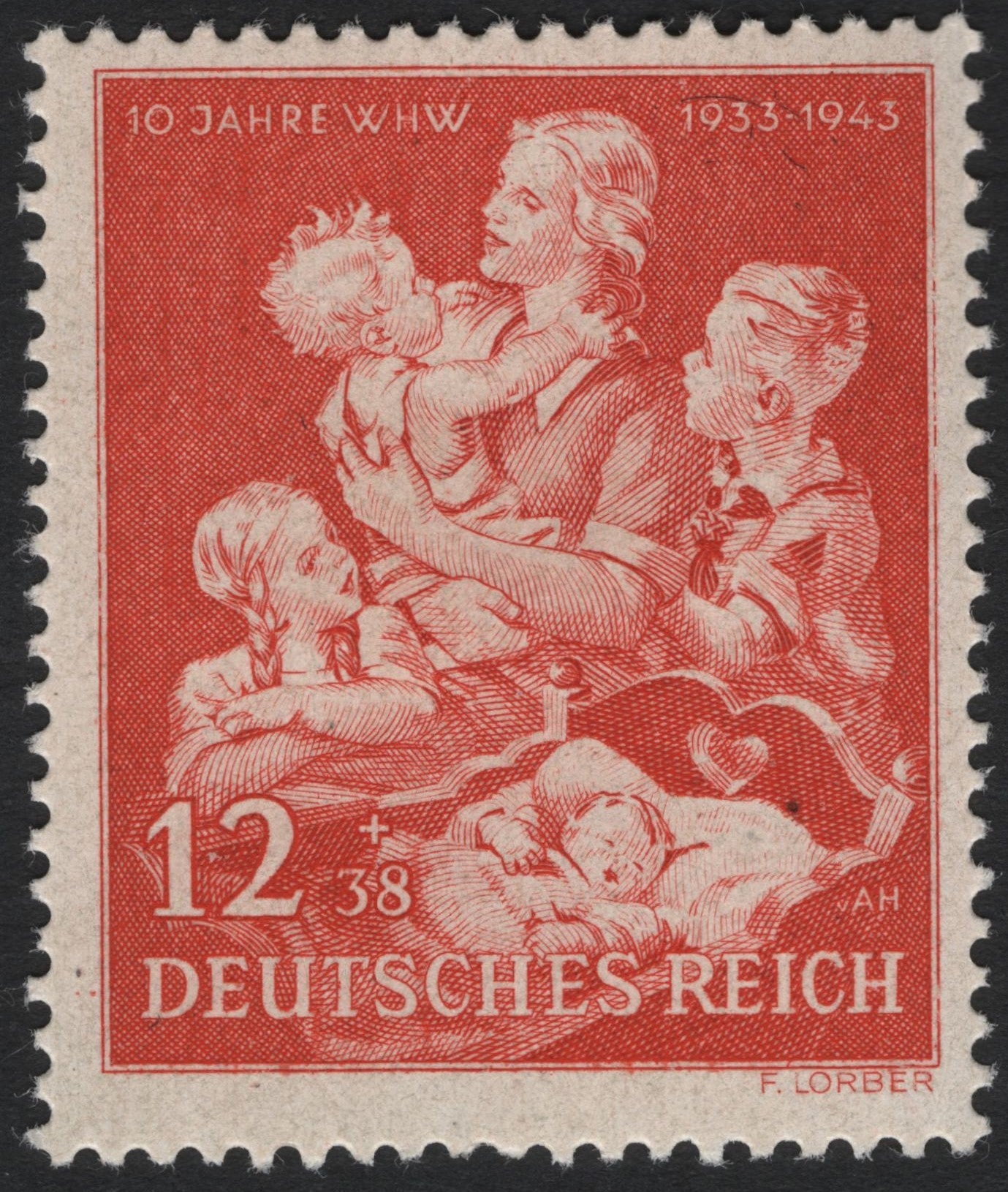 SCG10736 - Germany 1943 “10 Jahre WHW” Semi-Postal Stamp – Mother and Children (12+38 Pf)