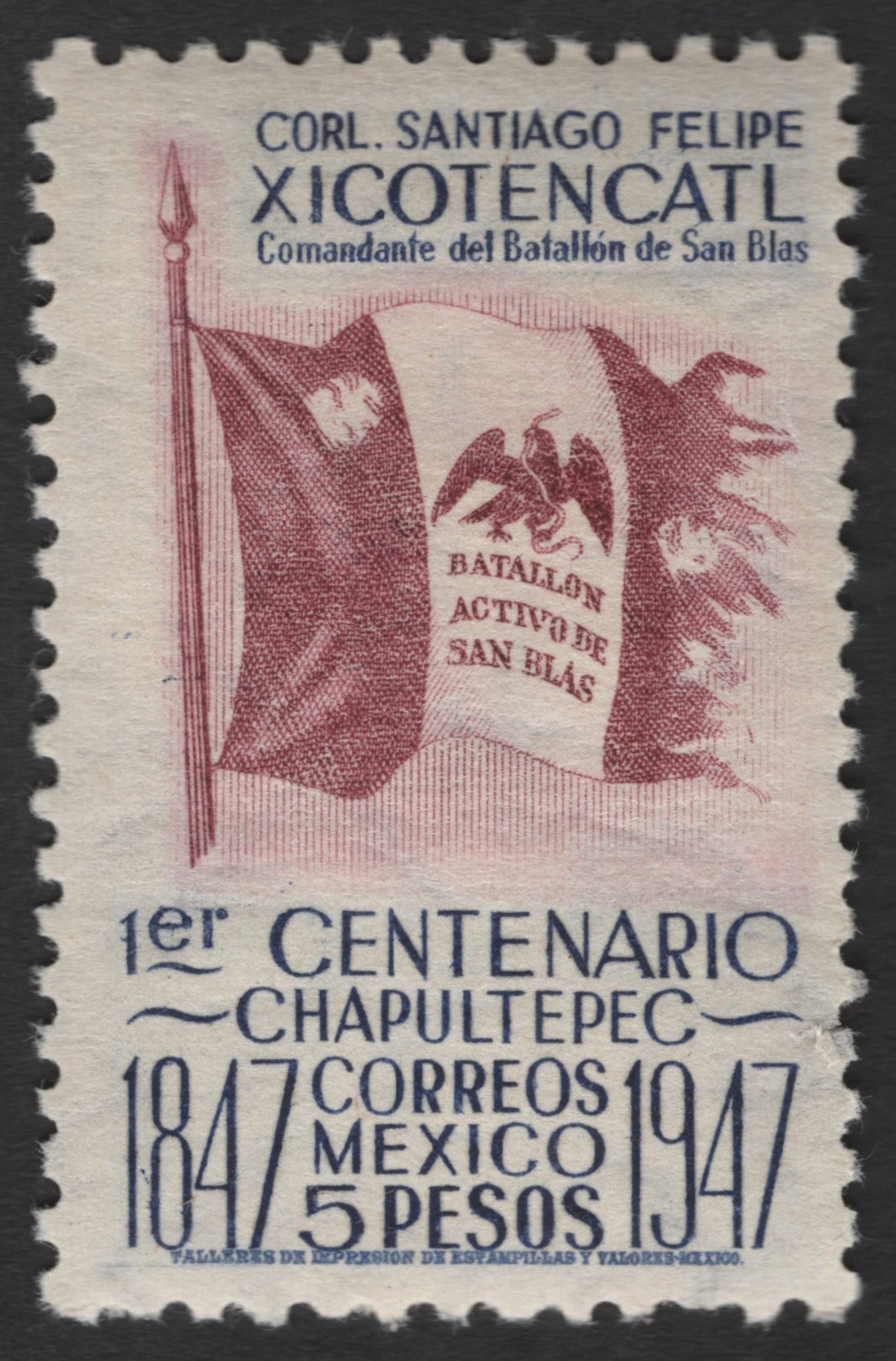 SCG11283 - Mexico – 1947 5 Pesos Chapultepec Centenary – Col. Santiago Felipe Xicoténcatl & San Blas Battalion Flag