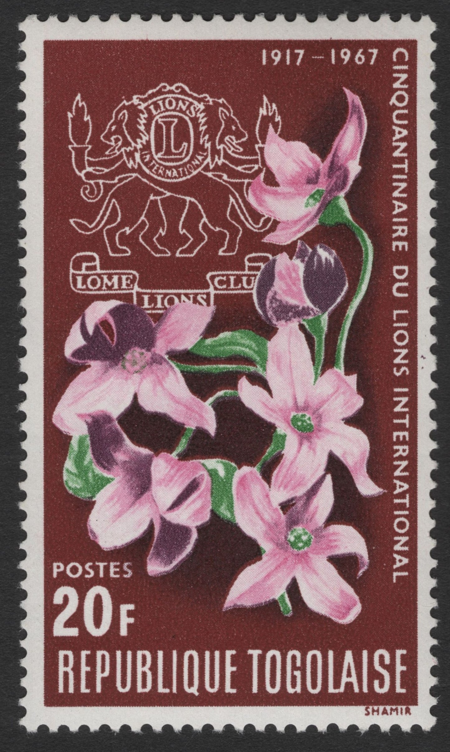 SCG12024 - Togo 1967 Lions International 50th Anniversary Stamp (Floral Design)