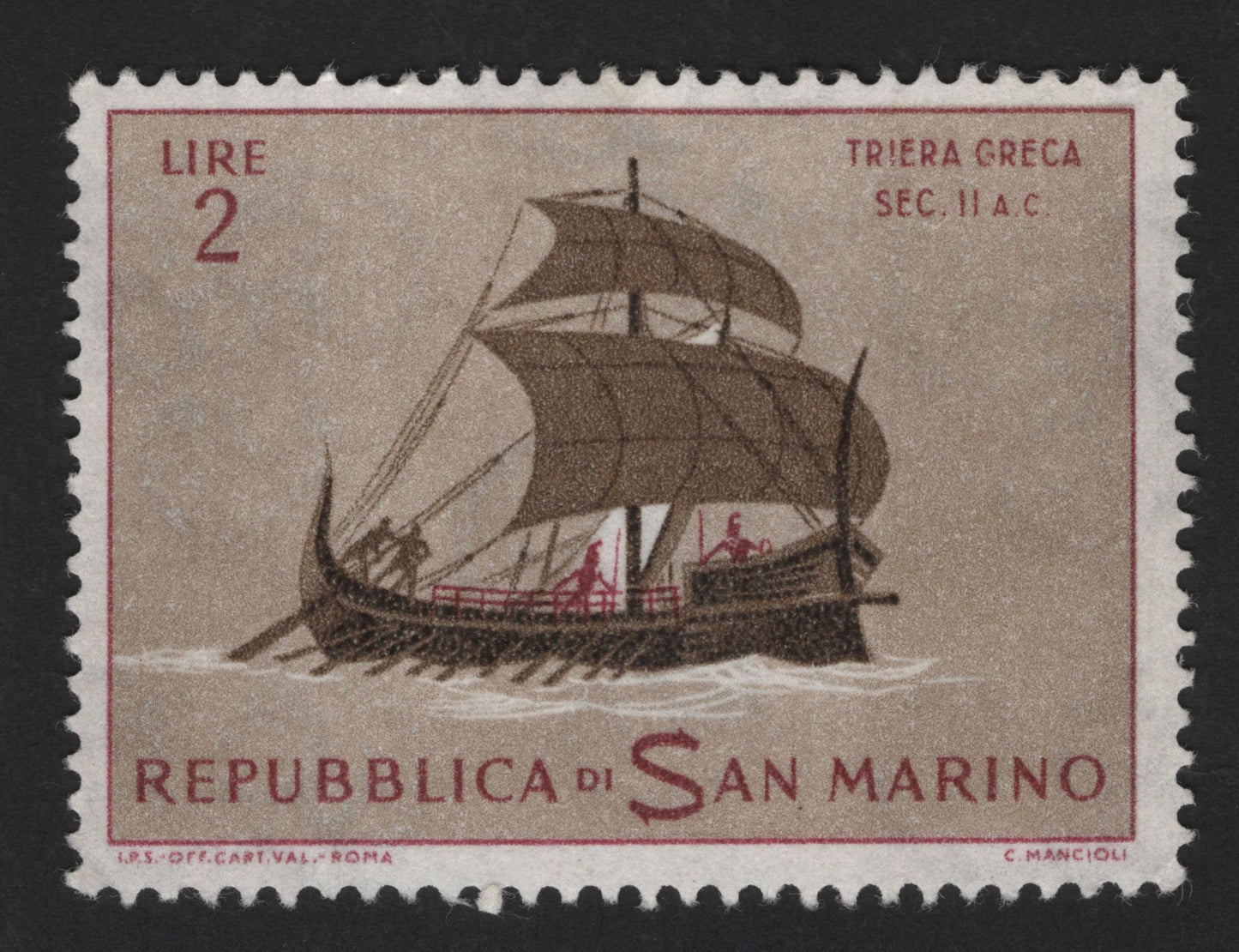 SCG13864 - San Marino 2 Lire Ancient Greek Trireme Stamp