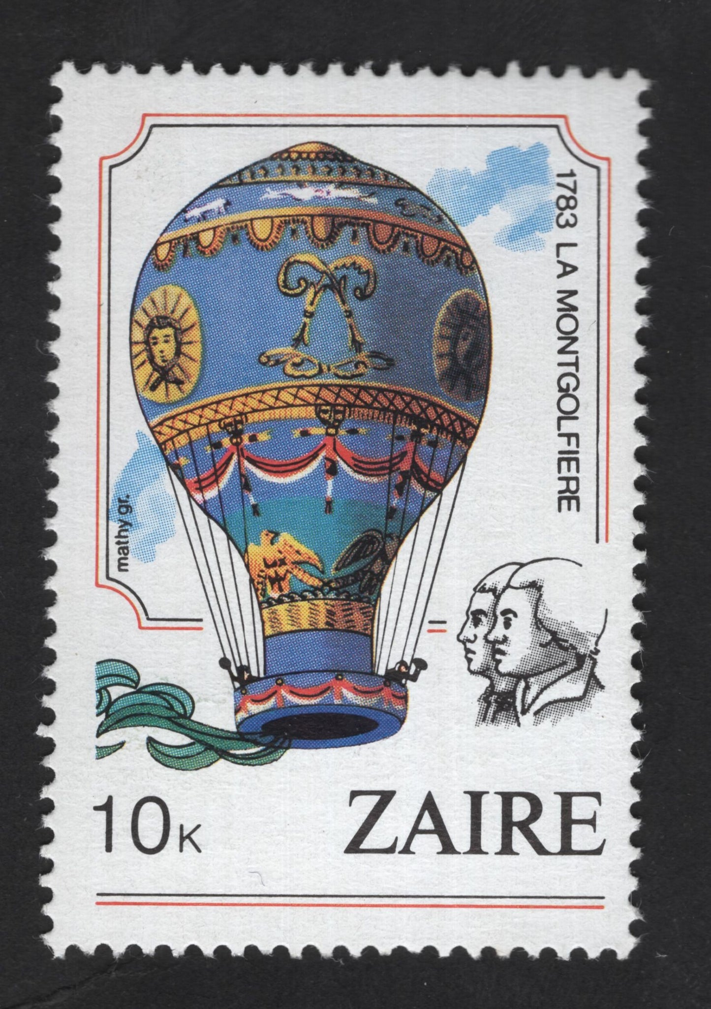 SCG13879 - Zaire 10K Stamp – 1783 La Montgolfière (Hot Air Balloon)