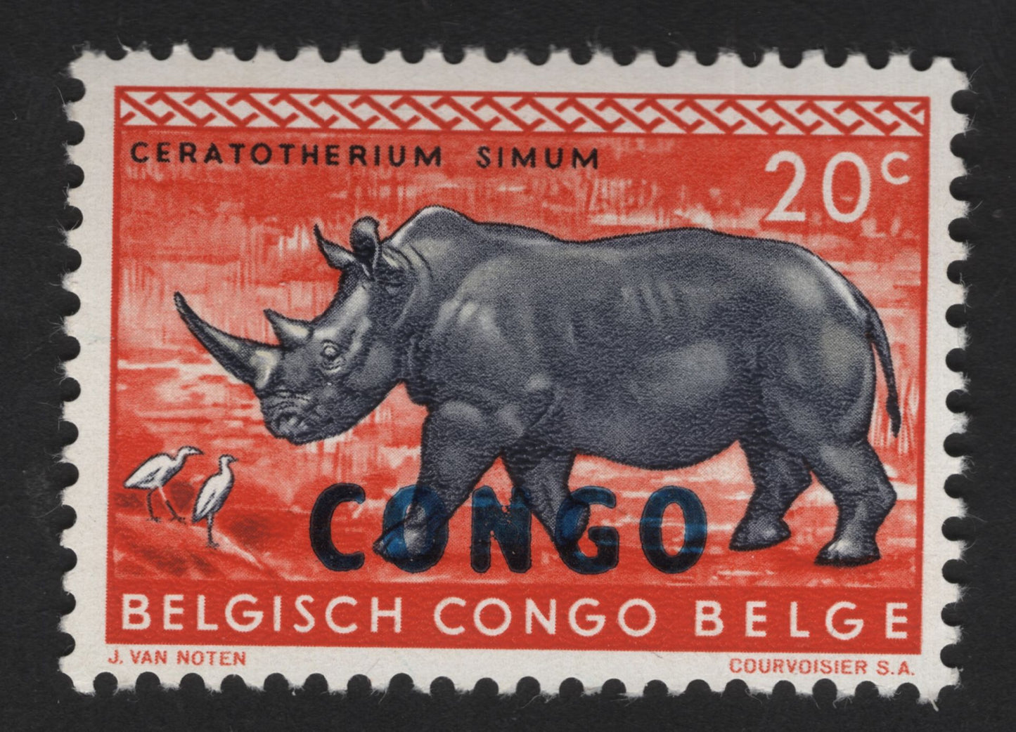 SCG13897 - Belgian Congo 20c Rhinoceros Stamp (Ceratotherium simum Overprint “CONGO”)
