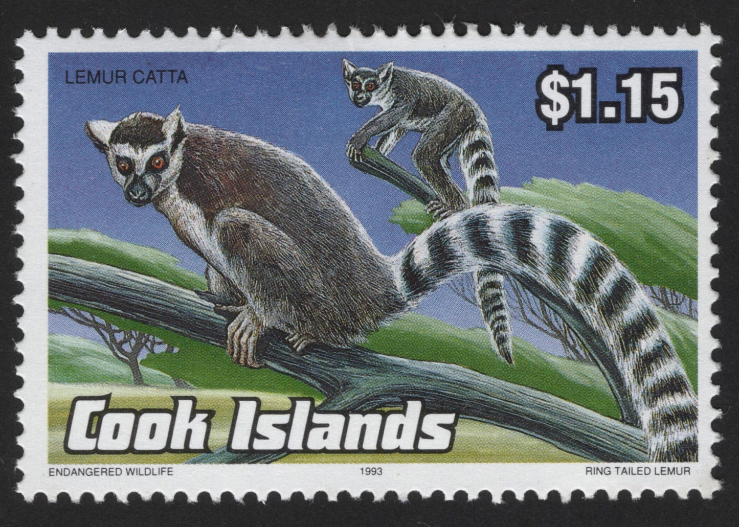 SCG13947 - Cook Islands 1993 – Ring-Tailed Lemur ($1.15) Endangered Wildlife Stamp