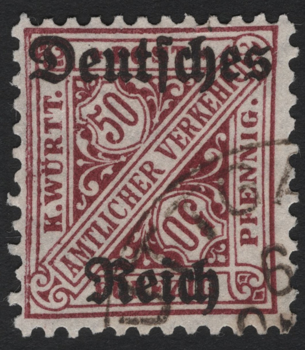 SCG7603 - Württemberg Official 50 Pfennig – Overprinted “Deutsches Reich” (1920 Transition Issue)