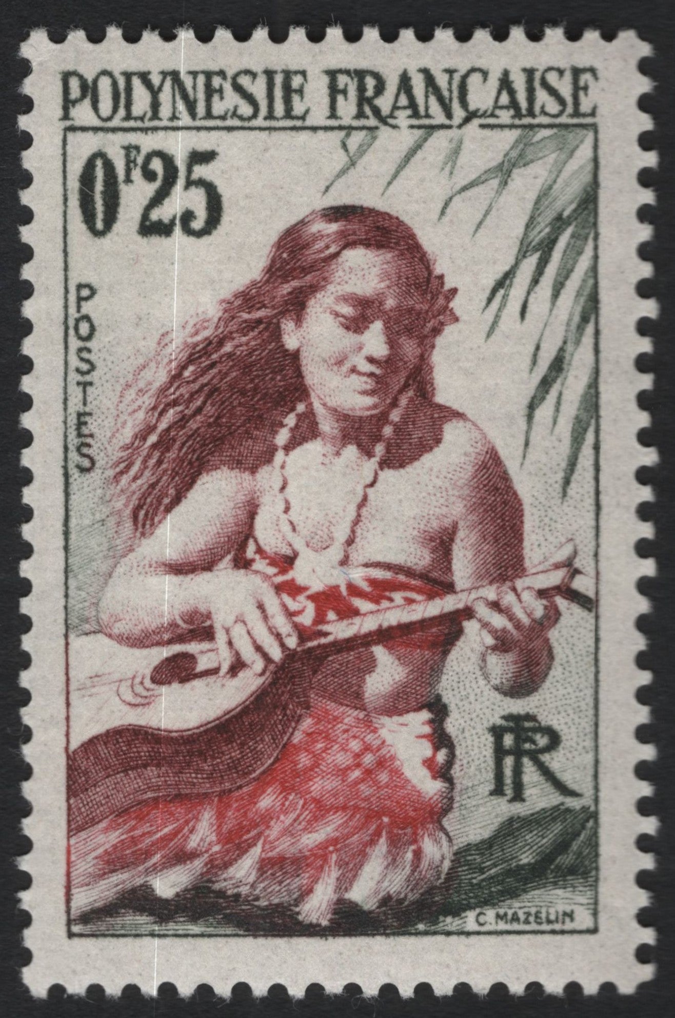 SCG10534 - French Polynesia 0f25 “Tahitian Woman with Ukulele” – Early Postcolonial Engraved Issue