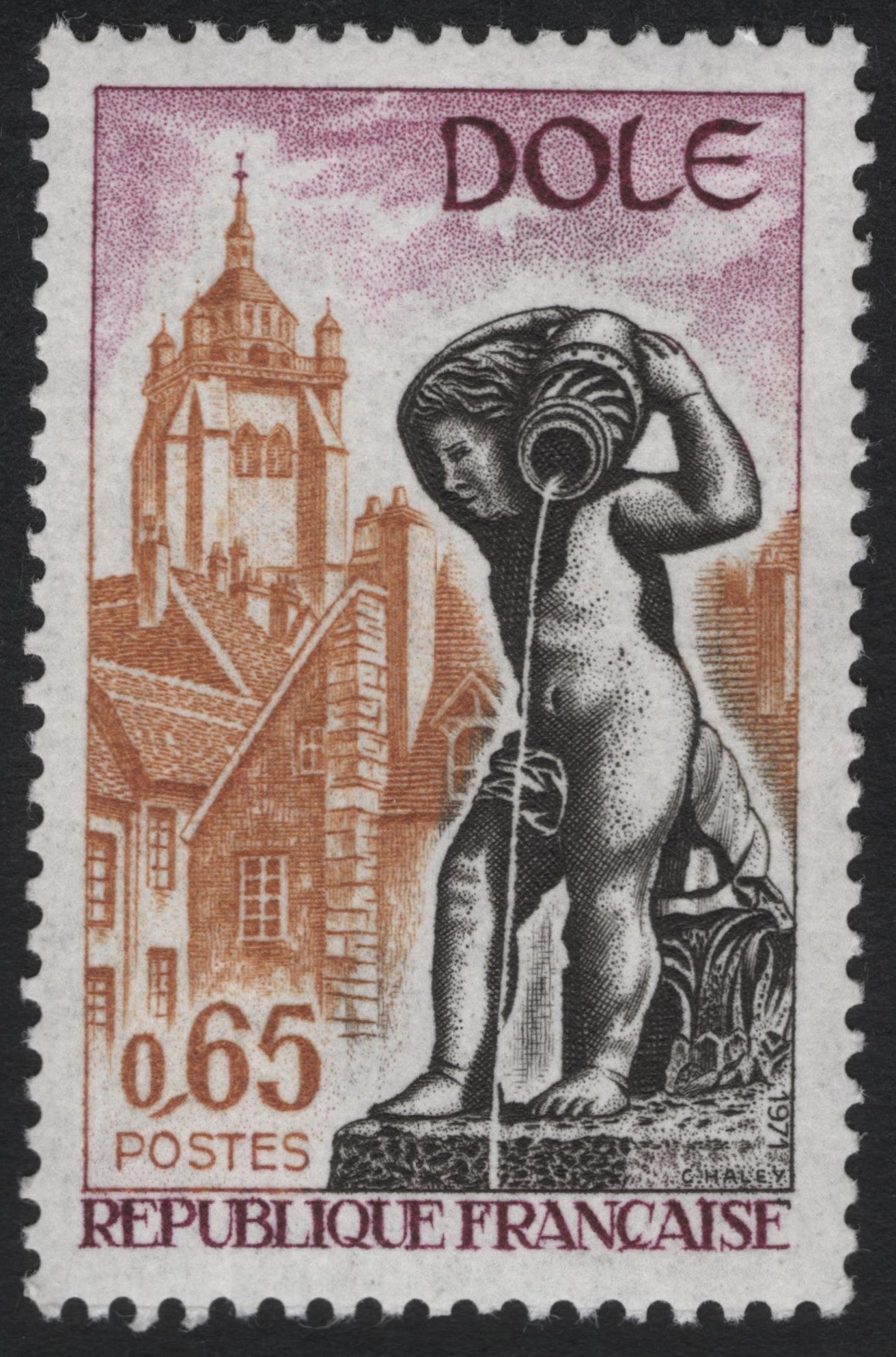 SCG10526 - 🇫🇷 France 1977 – “Dole” Cityscape & Fountain Statue – 0.65F Commemorative