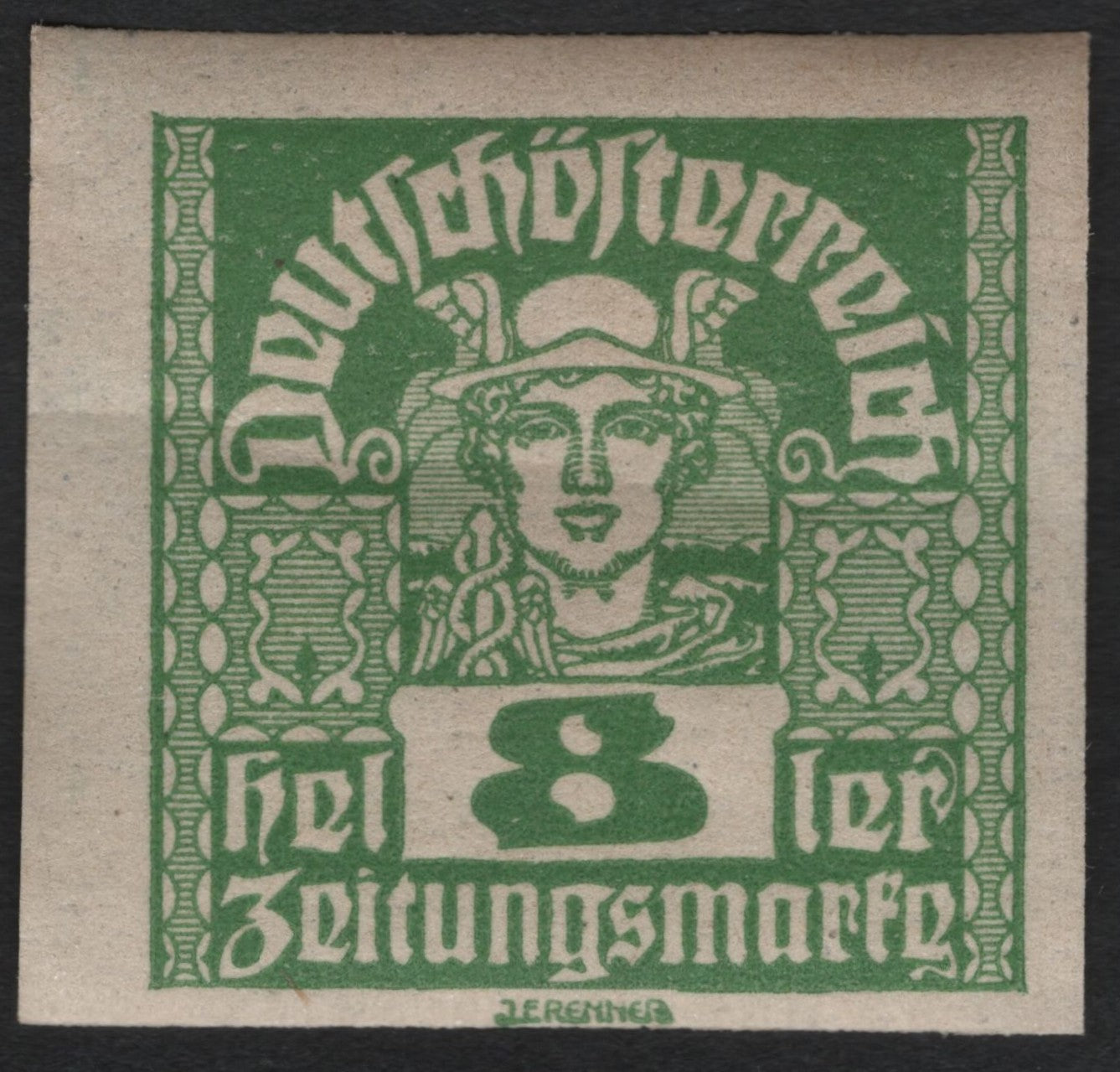 SCG10902 - Austria 1916 Mercury Head Newspaper Stamp – 8 Heller (Green, Imperforate)