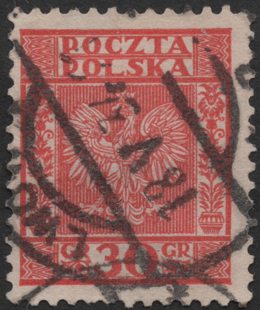 SCG578 - Poland 30 Groszy Used Stamp – Polish Eagle Emblem (Red)