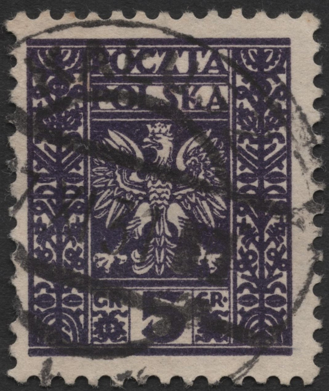SCG581 - Poland 5 Groszy Used Stamp – Polish Eagle Emblem (Dark Violet)