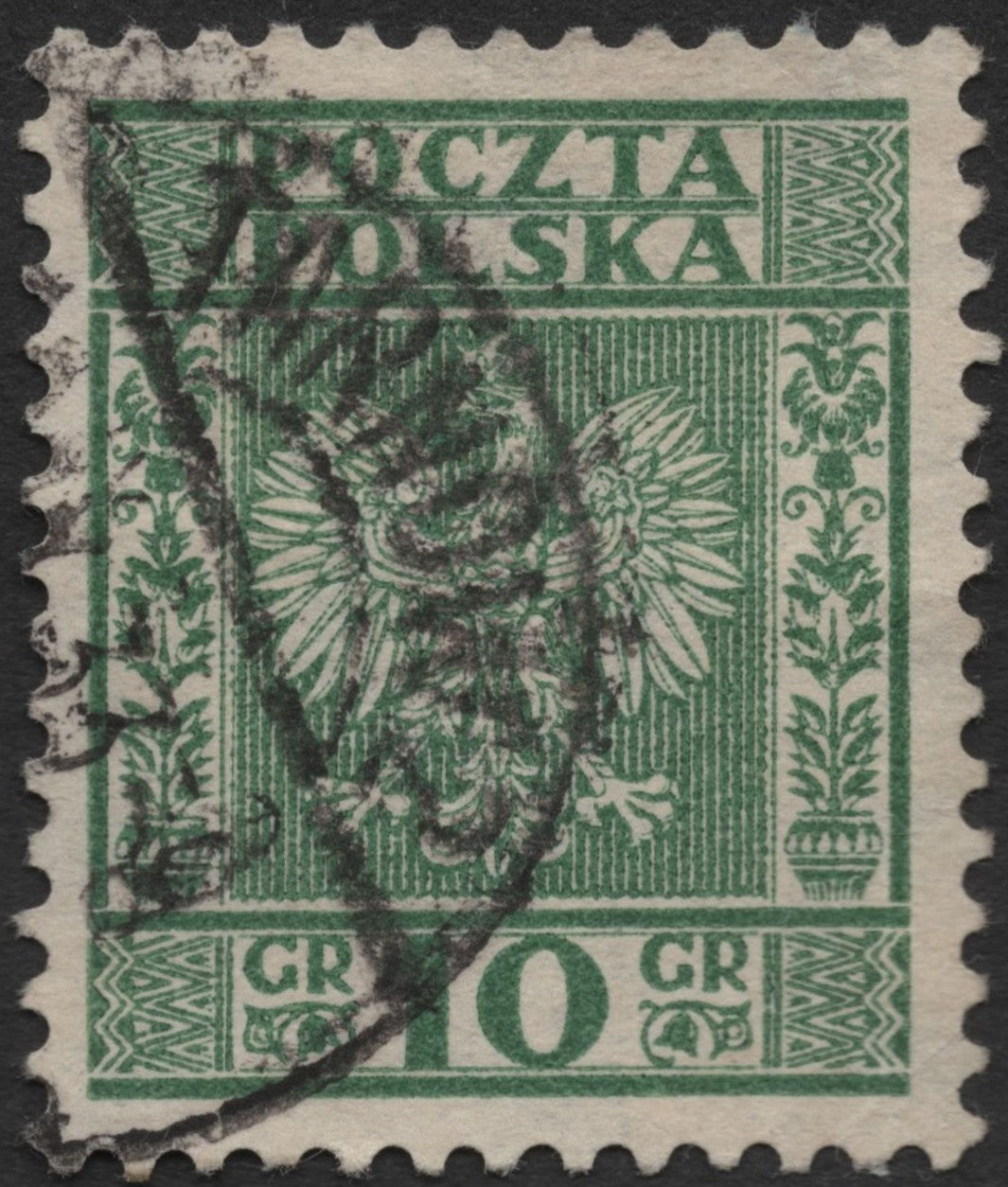 SCG583 - Poland 10 Groszy Used Stamp – Polish Eagle Emblem (Green)