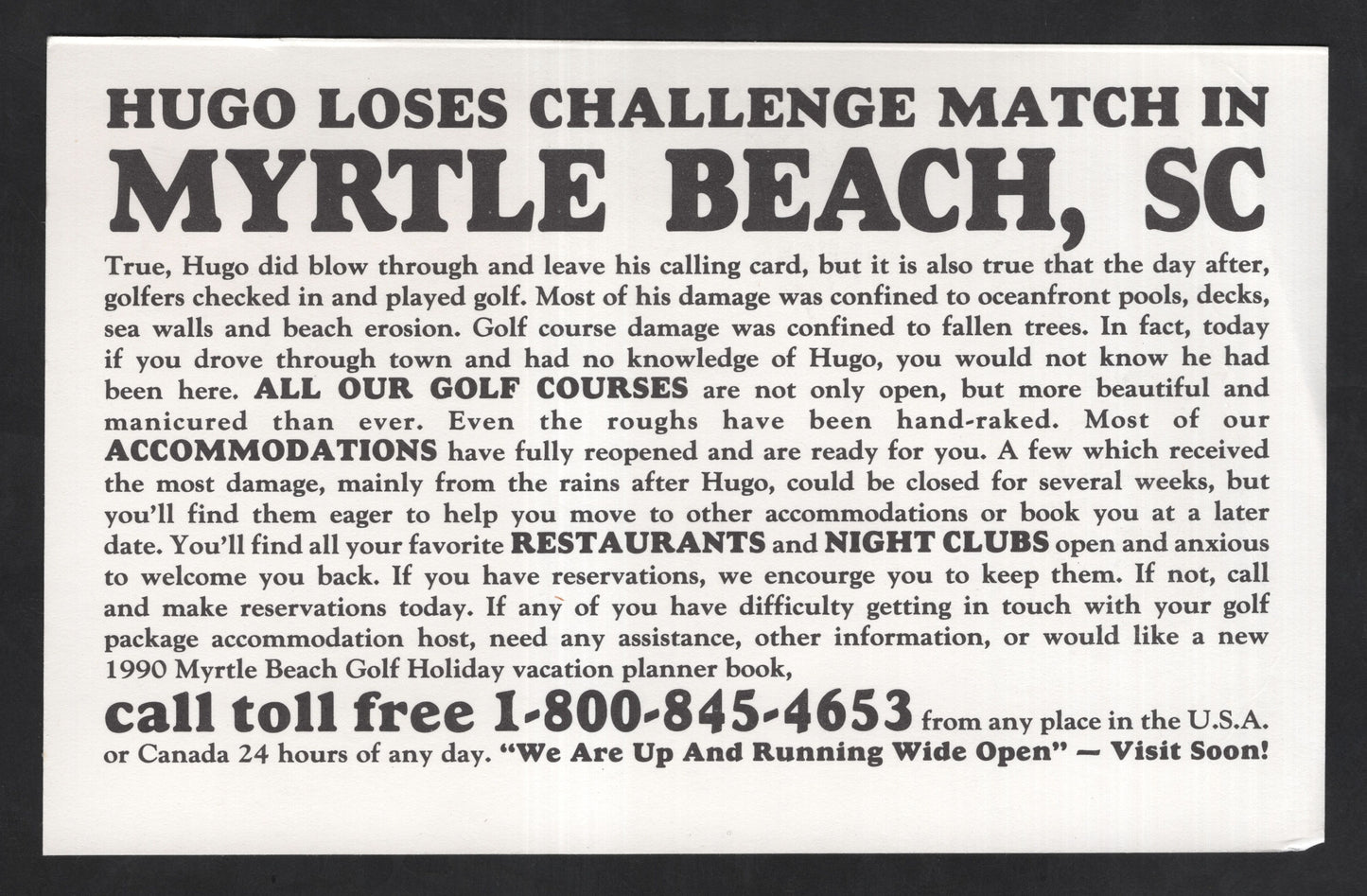 SCG13684 - USA 15¢ America the Beautiful – Myrtle Beach Golf Holiday Advertising Envelope (Post-Hurricane Hugo Promotion)