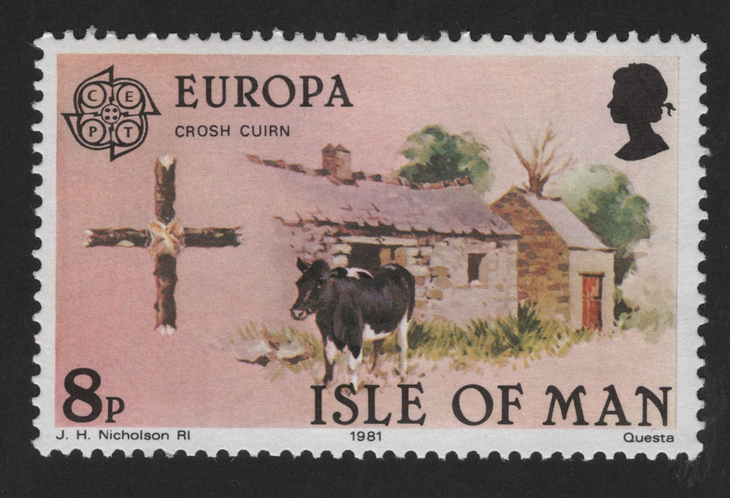 SCG13153 - Isle of Man 1981 Europa – Cross of Crosh Cuirn and Rural Cottage (8p)