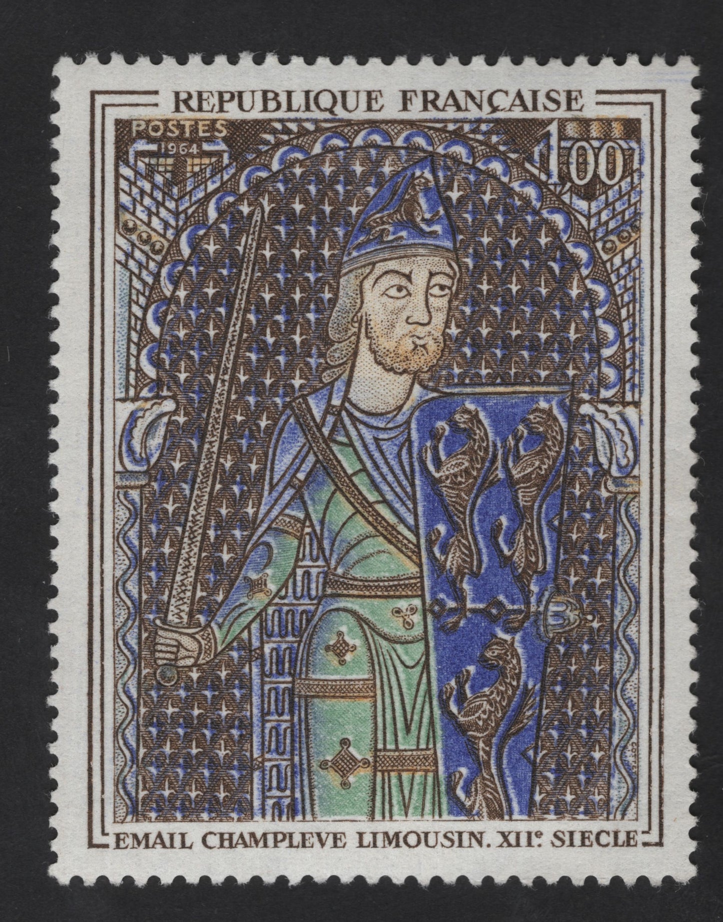 SCG13169 - France 1964 – Limoges Champlevé Enamel (12th Century) Art Stamp – 1 Franc