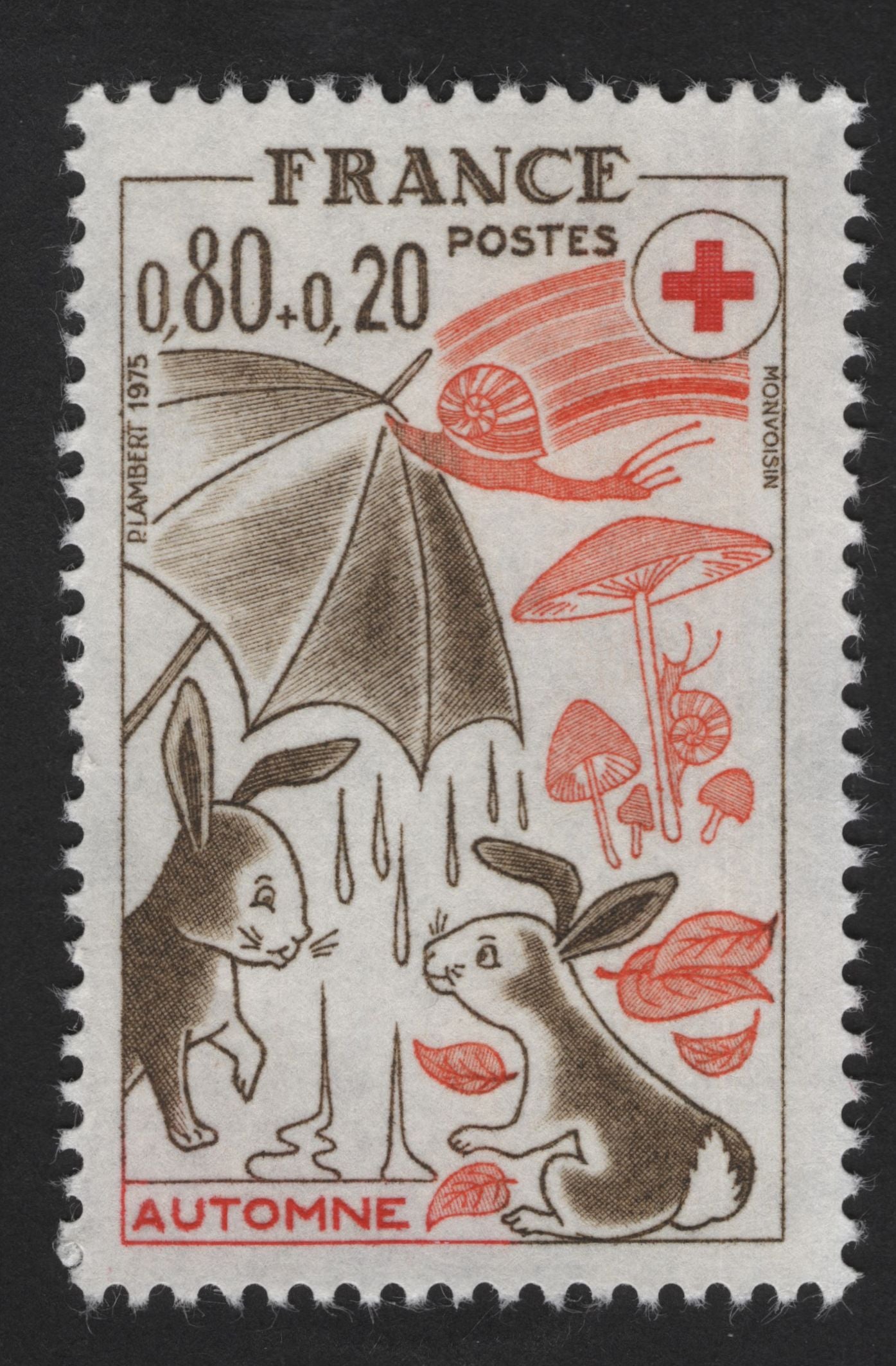 SCG13105 - France 1975 Red Cross Semi-Postal – Autumn Rabbits Scene (0.80 + 0.20)