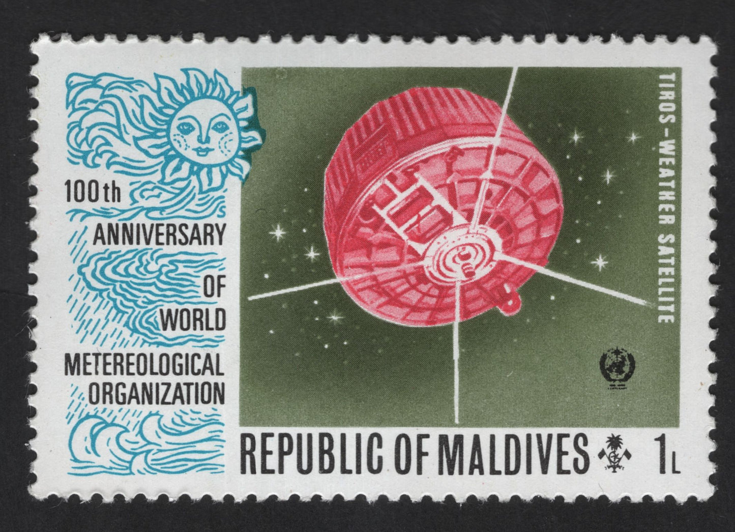 SCG13773 - Maldives 1L TIROS Weather Satellite – 100th Anniversary of World Meteorological Organization